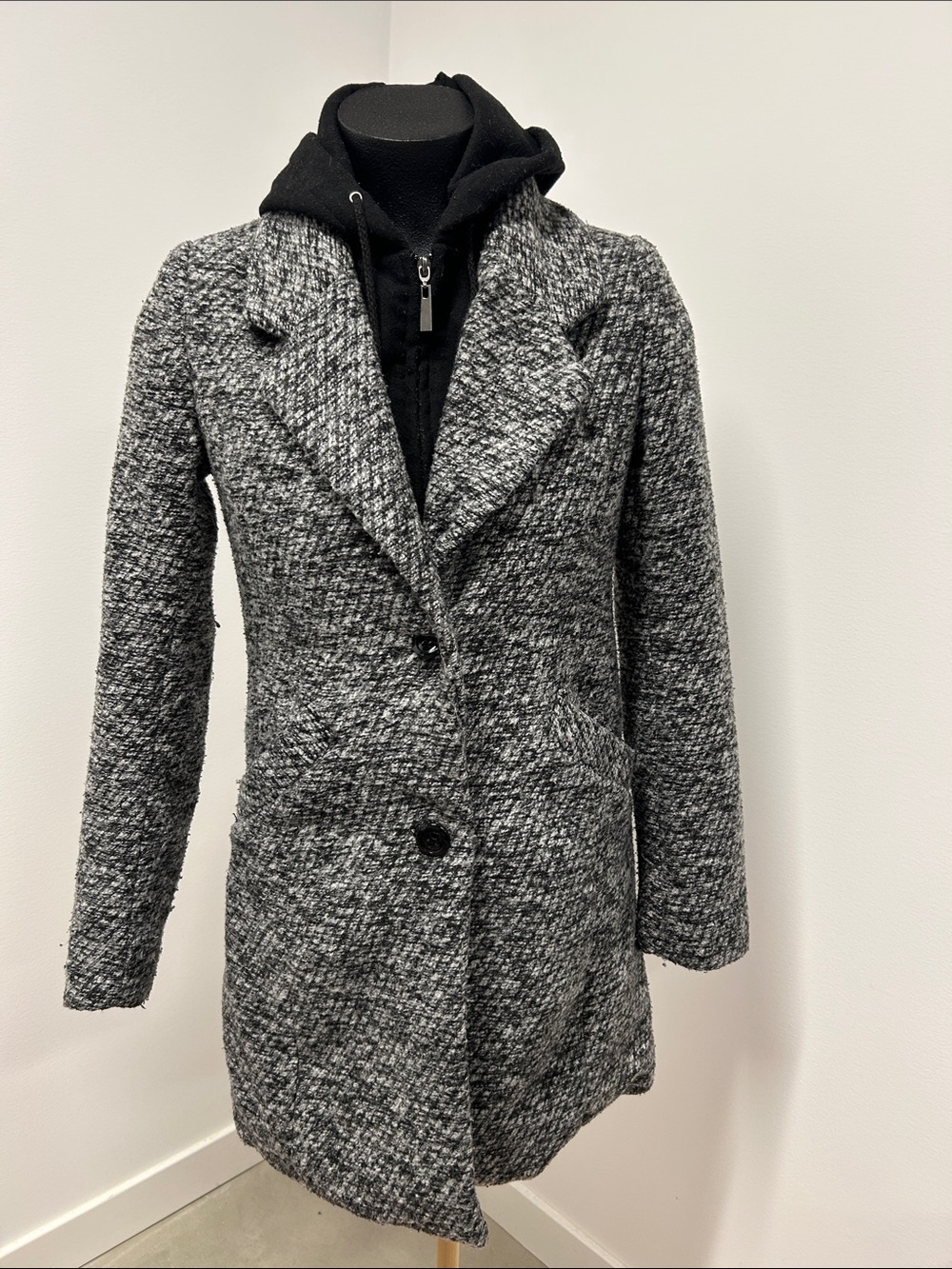 By & By Marled Tweed Hooded Coat Jacket Zipper Bib Charcoal Grey Small